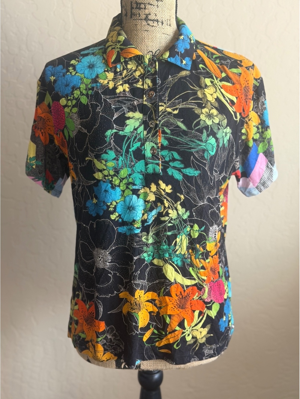 Johnny Was XS Black Multicolor Floral Polo Shirt Bamboo Viscose Boho